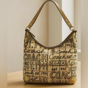 Coach Tattersall Shoulder Bag Gold Graffiti Hobo Bag Canvas Purse Handbag